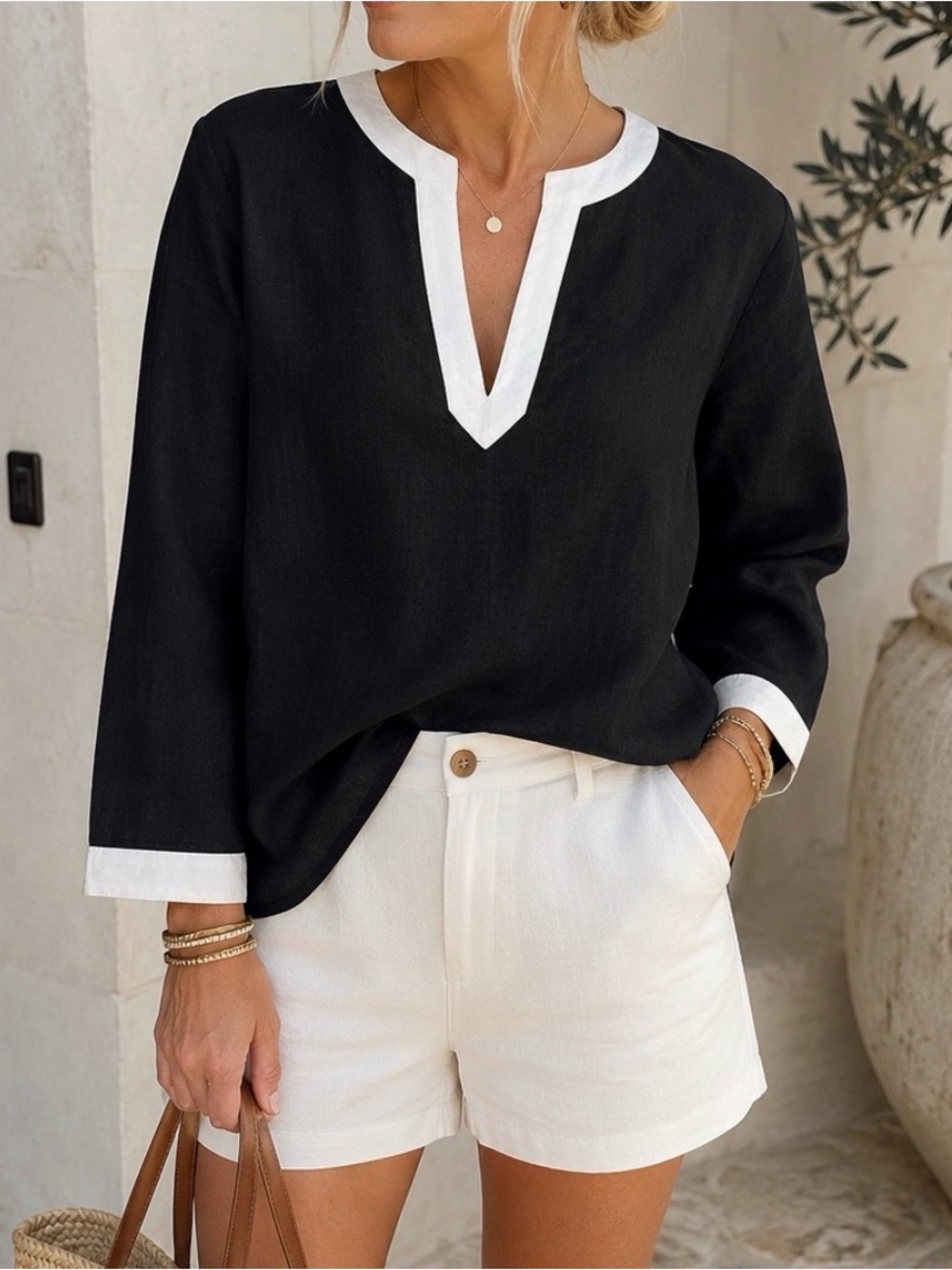 Lauren Ralph Lauren Black Linen Tunic Shirt with White Trim